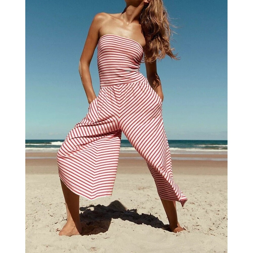 Free People Free Est Daley One-Piece Striped Print Tube Jumpsuit Dress S 289473